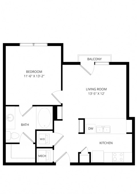 Floor plan for 1 bed, 1 bath, 672 sqft